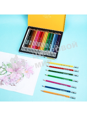 Карандаши цветные Deli EC00225 Color Emotion, трехгранный профиль, липа, 24 цвета, металлическая коробка (24шт)