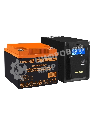 Комплект источника бесперебойного питания Exegate EX295986RUS + батарея 40Aч EX282979RUS 1шт (инвертор, синус, для котла) ExeGate SineTower SZ-600.LCD.AVR.1SH <600VA/360W, чистый синусоида, LCD дисплей, AVR, 1*Schuko, линейно-интерактивный, Black> + батарея ExeGate HR 12-40 (12В, 40Ач) 1шт