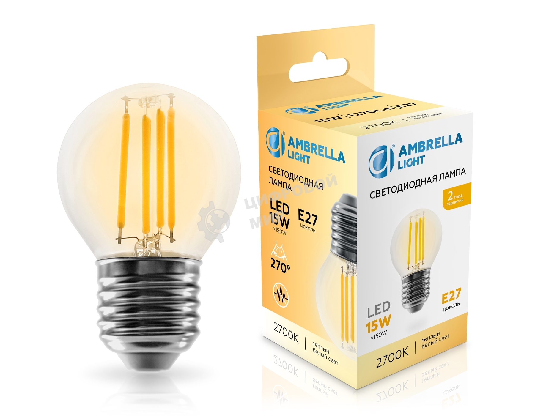Лампа светодиодная 451523 Filament LED G45 15W E27 2700K 220-240V