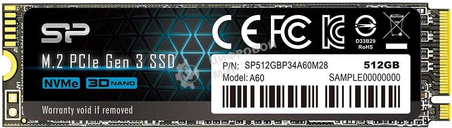 Накопитель SSD Silicon Power P34A60, 512Gb, M.2 2280, PCIe 3.0 x4, NVMe, R/W 2200/1600
