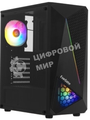 Компьютерный корпус Miditower ExeGate EVO-8225-NPX500 (ATX, БП 500NPX с вент. 12см, 2хUSB+1хUSB 3.0, черный, 2 вент. с RGb подсветкой и полоса на передней панели, боковая панель - закаленное стекло)