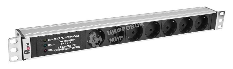 Блок розеток Rem-10 без шнура с фил. и инд., 7 Schuko, вход IEC 60320 C14, 10A, алюм., 19