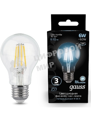 Лампа светодиодная Gauss 102802206LED Filament А60 Е27 6Вт 4100к 1/10/40