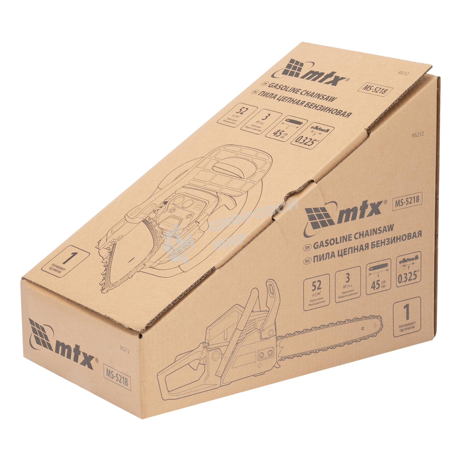 Пила цепная бензиновая MTX S-5218, шина 45 см, 52см3, 3 л.с., шаг 0,325, паз 1,5 мм, 72 зв