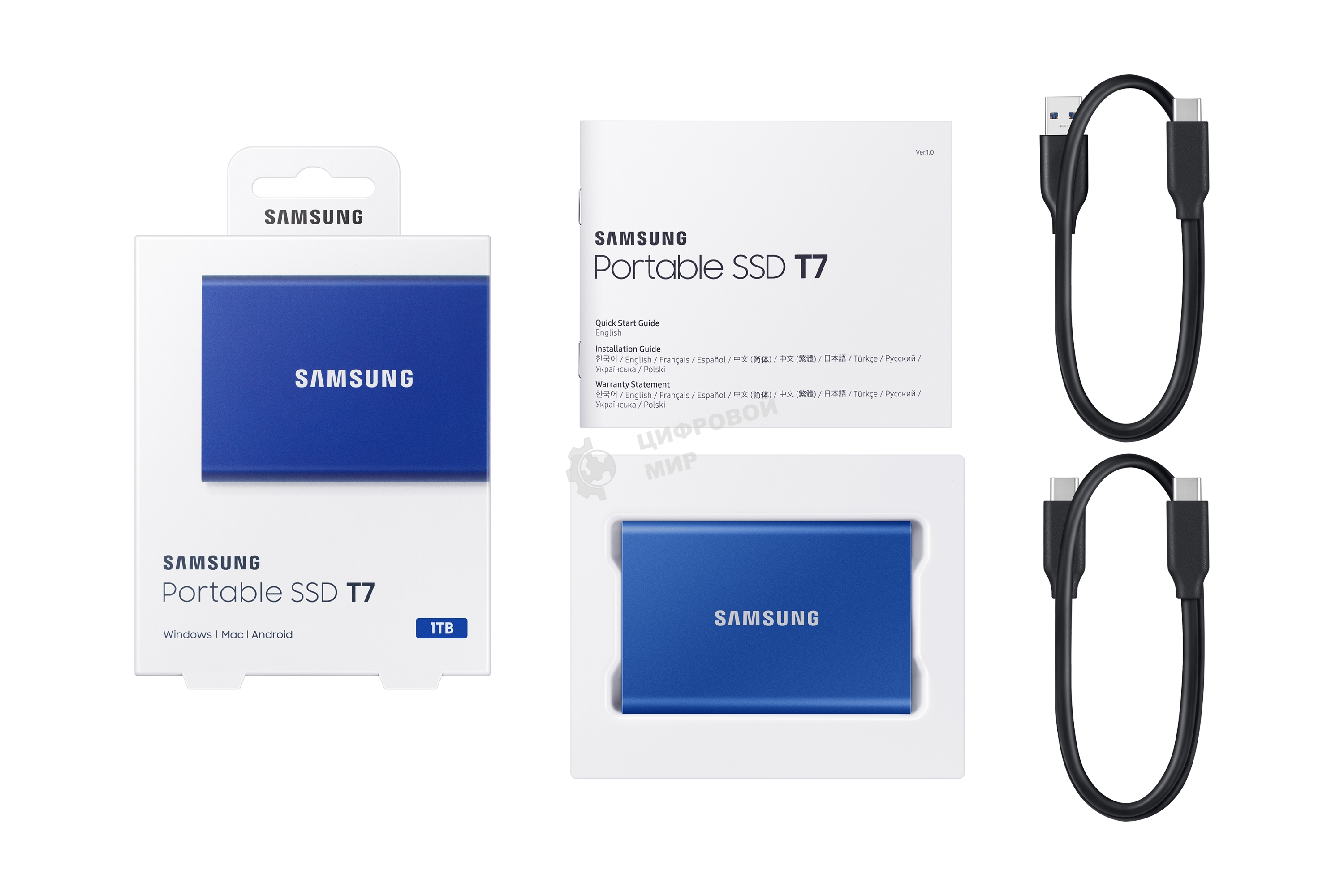 Внешний SSD Samsung T7, 1TB, USB 3.2 Gen 2 Type-C, R/W 1050/1000, синий