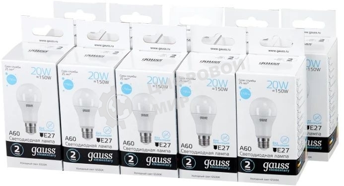 Лампа светодиодная Gauss Elementary 20Вт цок.: E27 груша 220B 6500K св. свеч. белый хол. A60 (упак.: 10 шт)