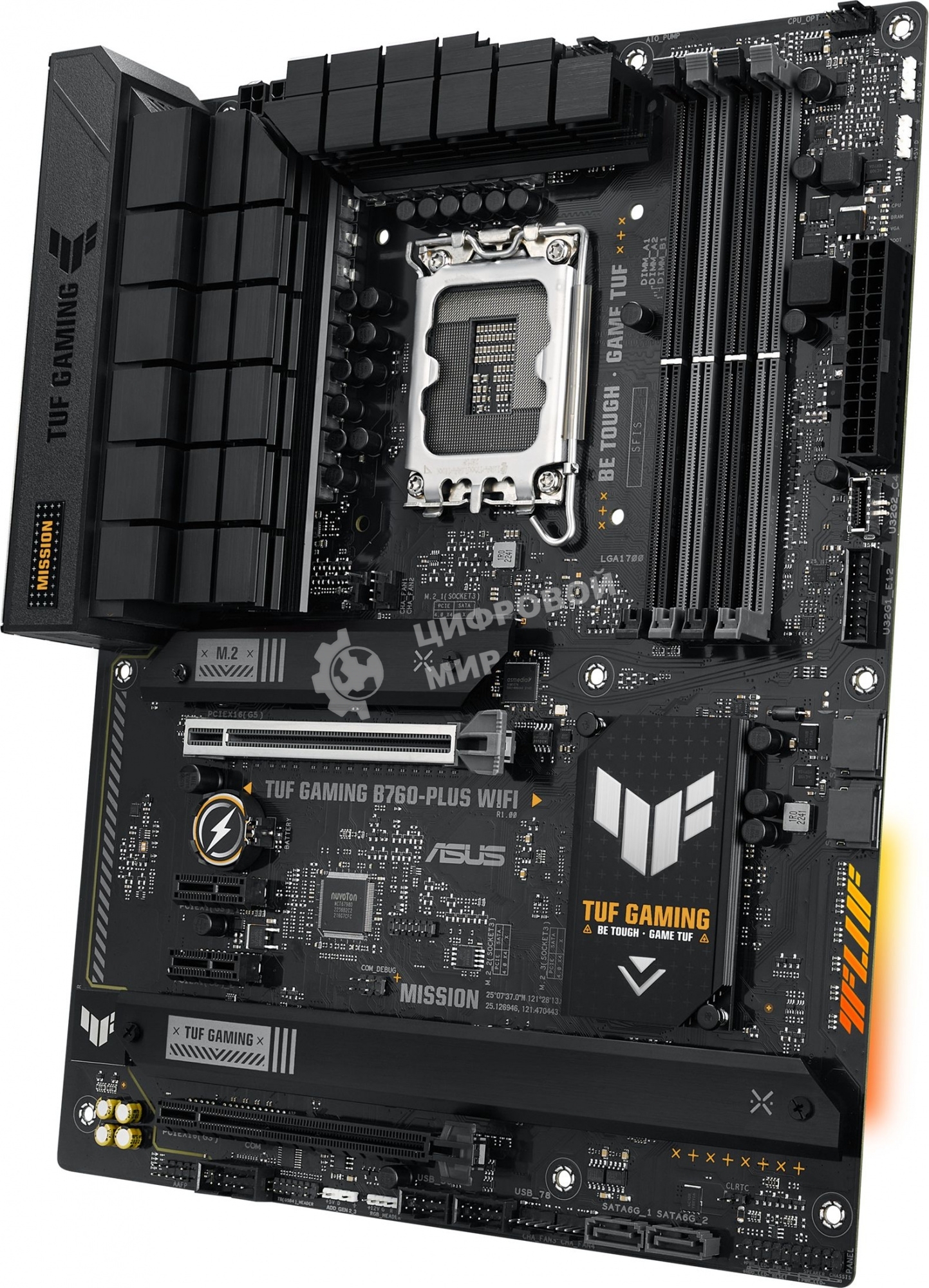 Материнская плата ASUS TUF GAMING B760-PLUS WIFI, LGA 1700, Intel B760, 4xDDR5, 4xSATA, 3xM.2, 1xPCI-E 5.0 x16, 1xPCI-E 3.0 x4, 1xUSB-A 3.2 Gen 2, 3xUSB-A 3.2 Gen 1, 1xUSB-C 3.2 Gen 2x2, 1x2.5Gb LAN, 5x3.5 мм, 7.1, Wi-Fi 6, Bluetooth 5.2, Standard-ATX