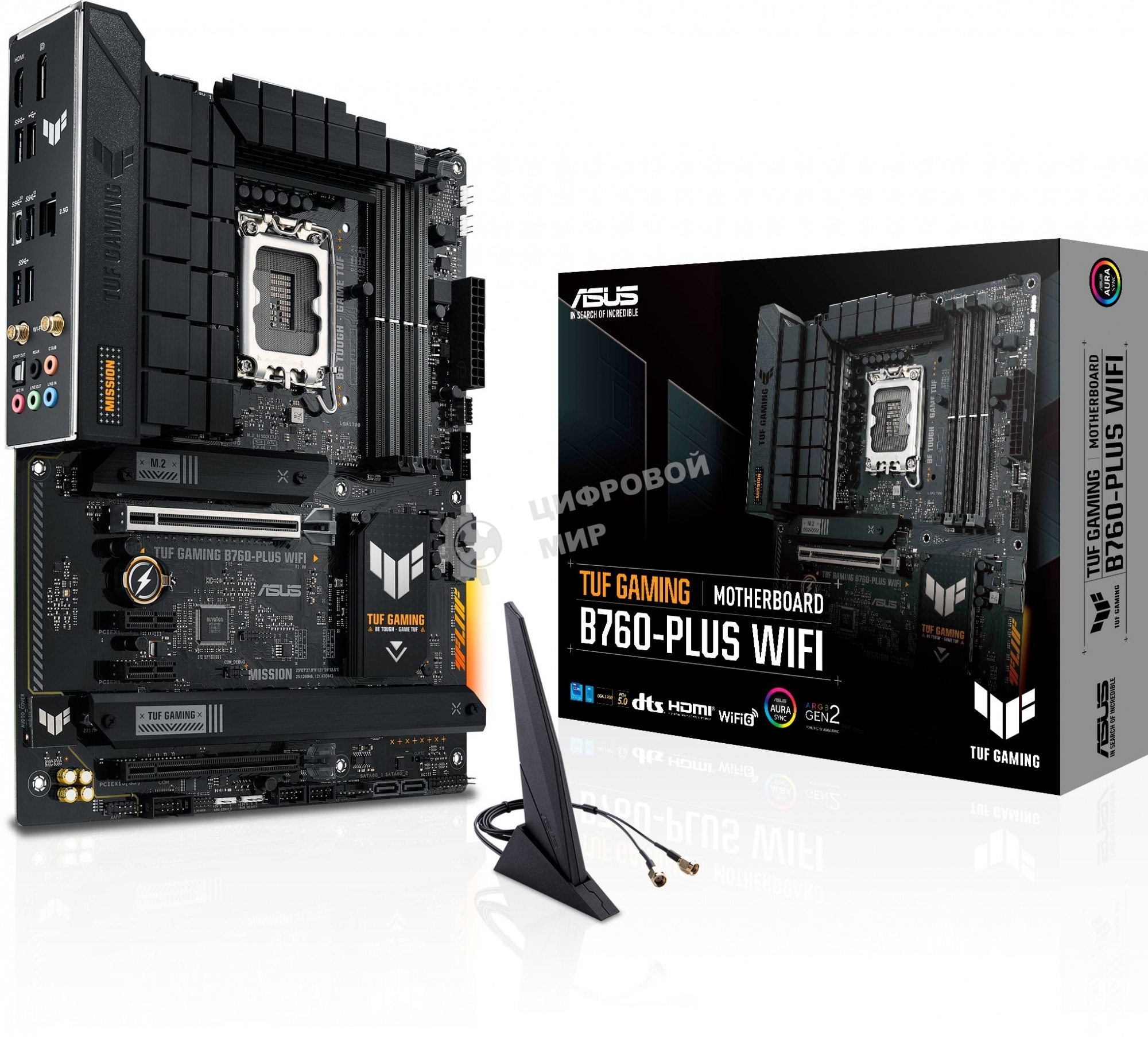 Материнская плата ASUS TUF GAMING B760-PLUS WIFI, LGA 1700, Intel B760, 4xDDR5, 4xSATA, 3xM.2, 1xPCI-E 5.0 x16, 1xPCI-E 3.0 x4, 1xUSB-A 3.2 Gen 2, 3xUSB-A 3.2 Gen 1, 1xUSB-C 3.2 Gen 2x2, 1x2.5Gb LAN, 5x3.5 мм, 7.1, Wi-Fi 6, Bluetooth 5.2, Standard-ATX