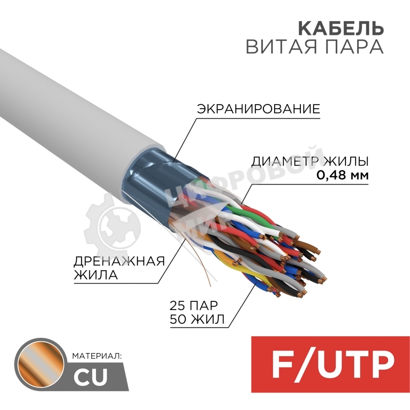 Кабель витая пара Rexant F/UTP, cat.5e, PVC, 25PR, 24AWG, INDOOR, SOLID, серый, 305м