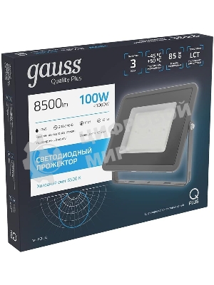Прожектор светодиодный Gauss Qplus 100Вт 6500К 8500лм IP65 графит. сер. 1/4