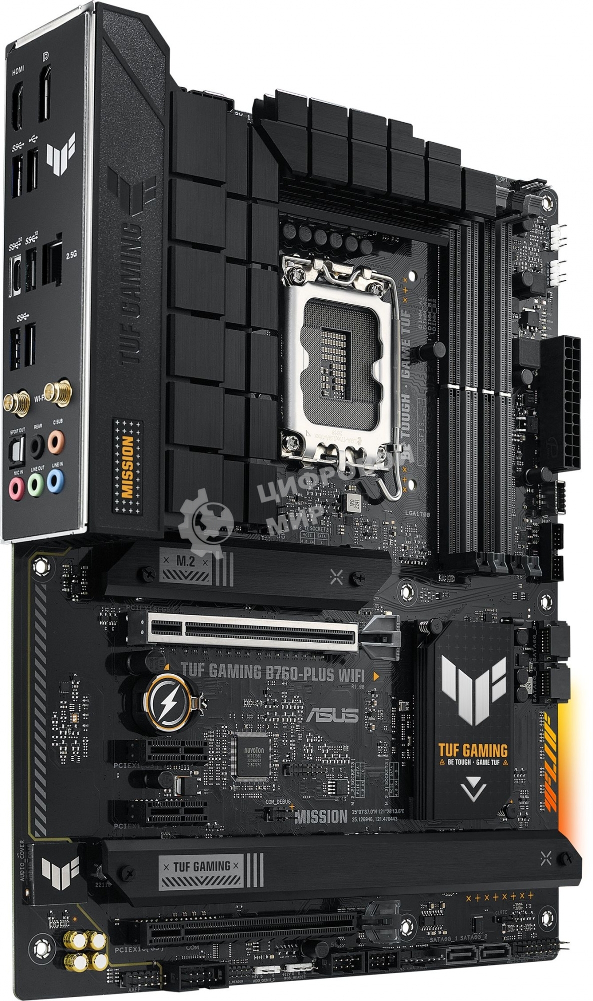 Материнская плата ASUS TUF GAMING B760-PLUS WIFI, LGA 1700, Intel B760, 4xDDR5, 4xSATA, 3xM.2, 1xPCI-E 5.0 x16, 1xPCI-E 3.0 x4, 1xUSB-A 3.2 Gen 2, 3xUSB-A 3.2 Gen 1, 1xUSB-C 3.2 Gen 2x2, 1x2.5Gb LAN, 5x3.5 мм, 7.1, Wi-Fi 6, Bluetooth 5.2, Standard-ATX