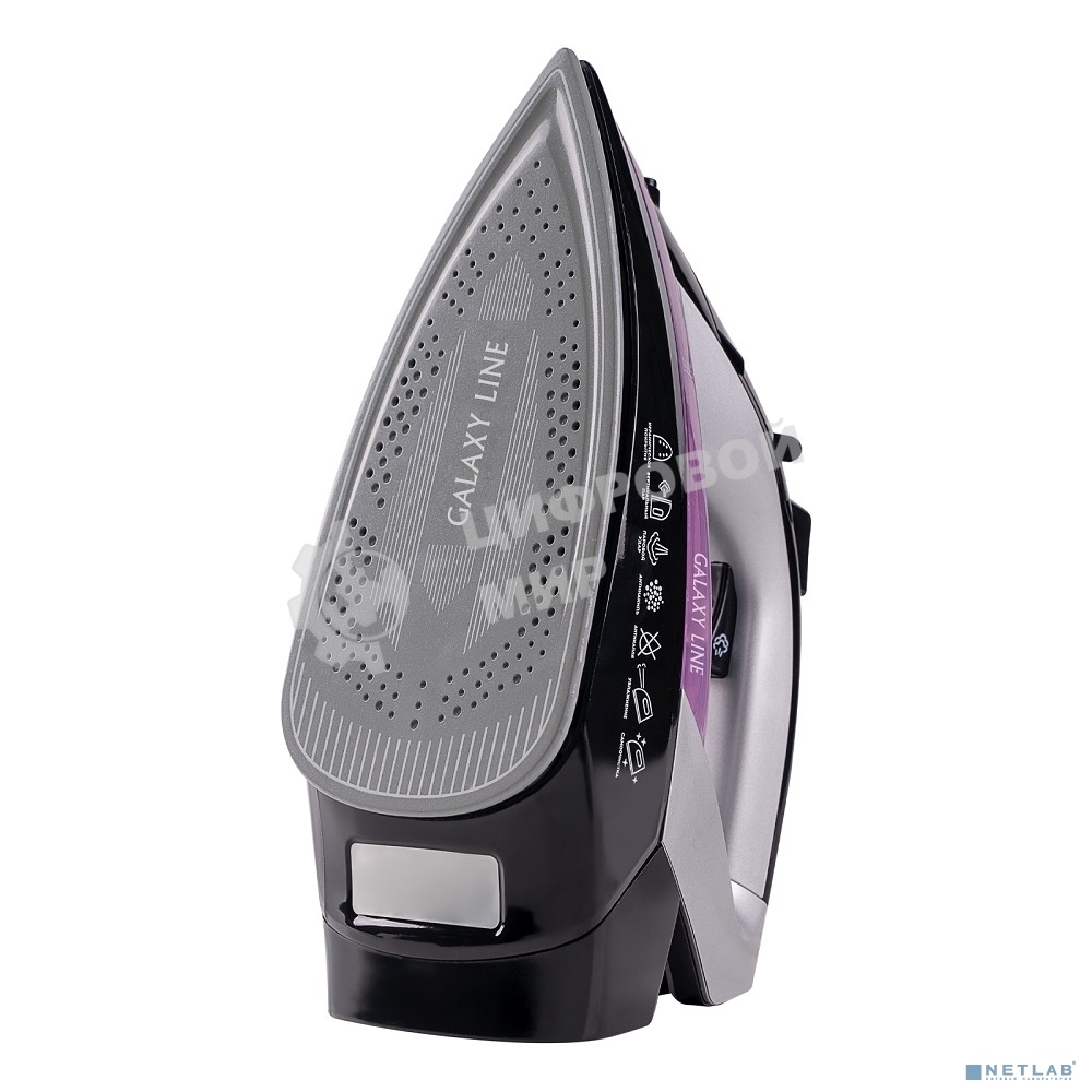 Утюг Galaxy Line GL 6128, фиолетовый с черным, паровой, 2200 Вт, постоянный пар 30 г/мин, паровой удар 140 г/мин, функции: самоочистка, антикапля, антинакипь, функция увлажнения, вертикальное отпаривание, защита от перегрева, индикатор нагрева, керамическ