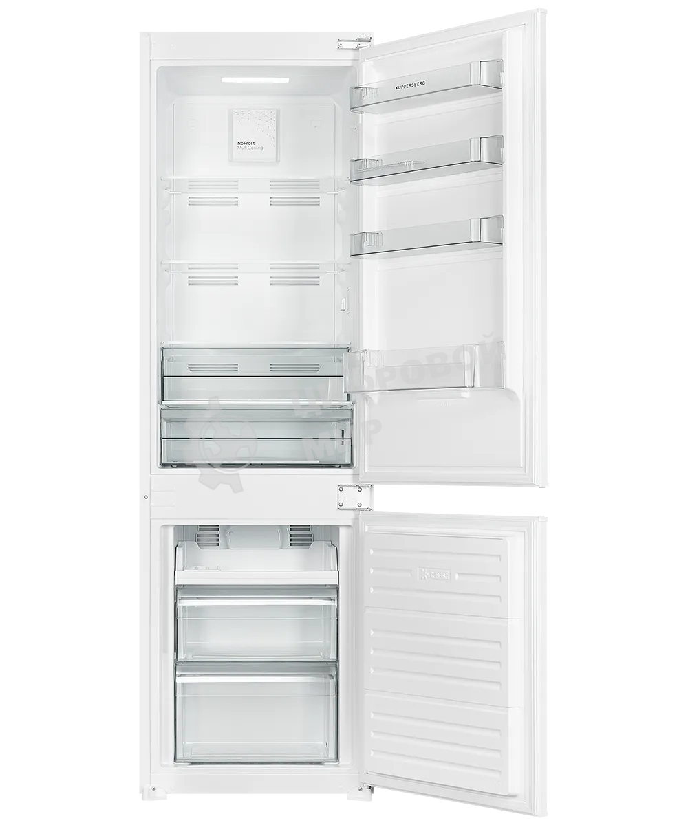 Встраиваемый холодильник Kuppersberg RBN 1763, полезный объем 233 л, сенсорное управление, полезный объем морозильной камеры 63 л, No Frost, LED подсветка, перенавешиваемые двери, суперзаморозка, отсек для овощей, белый