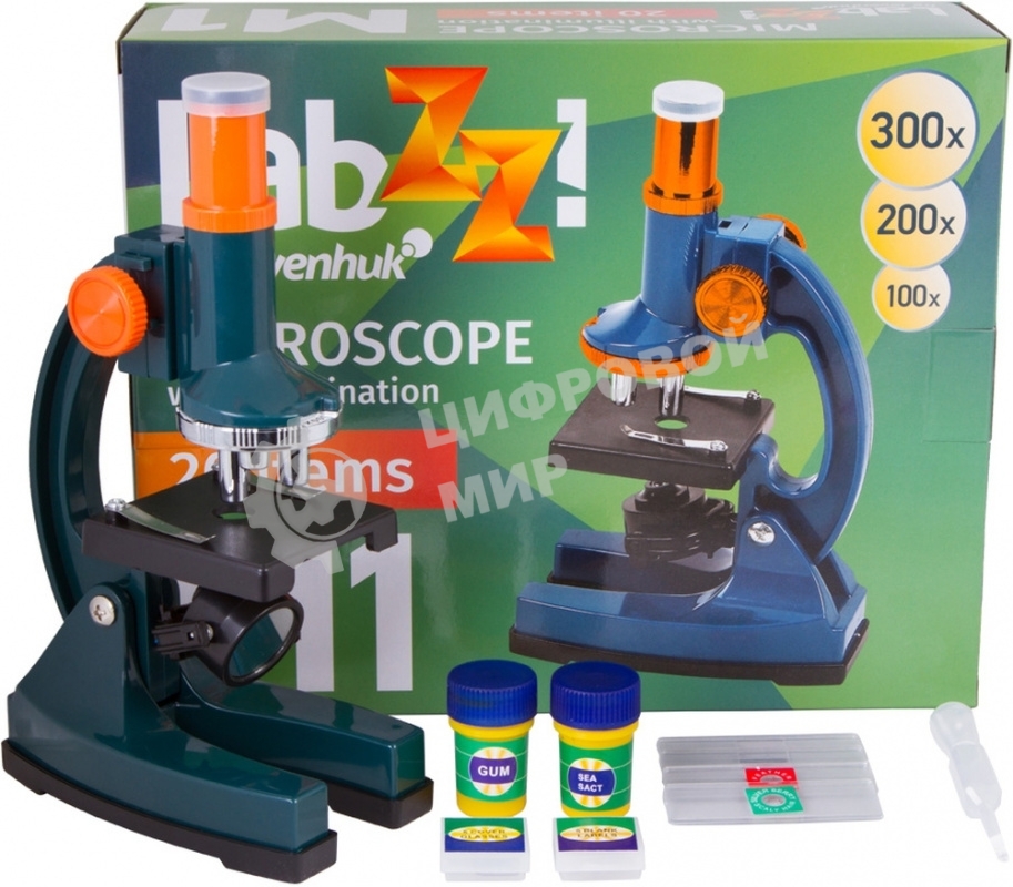 Микроскоп Levenhuk LabZZ M1 монокуляр 100-300 на 3 объектива зеленый/оранжевый