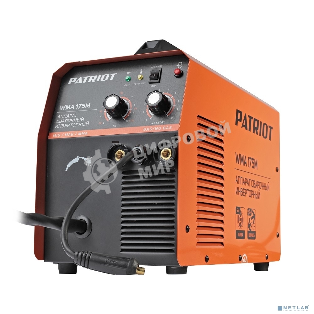 Полуавтомат сварочный инверторный PATRIOT WMA 175M MIG/MAG/MMA, полуавтоматическая сварка в среде газа (MIG/MAG) стальной и флюсовой проволокой 0.6/0.8 мм, сварка электродом (MMA) до 4мм, сварочный ток в режиме MIG: 40-170А; сварочный ток в режиме MMA: 40