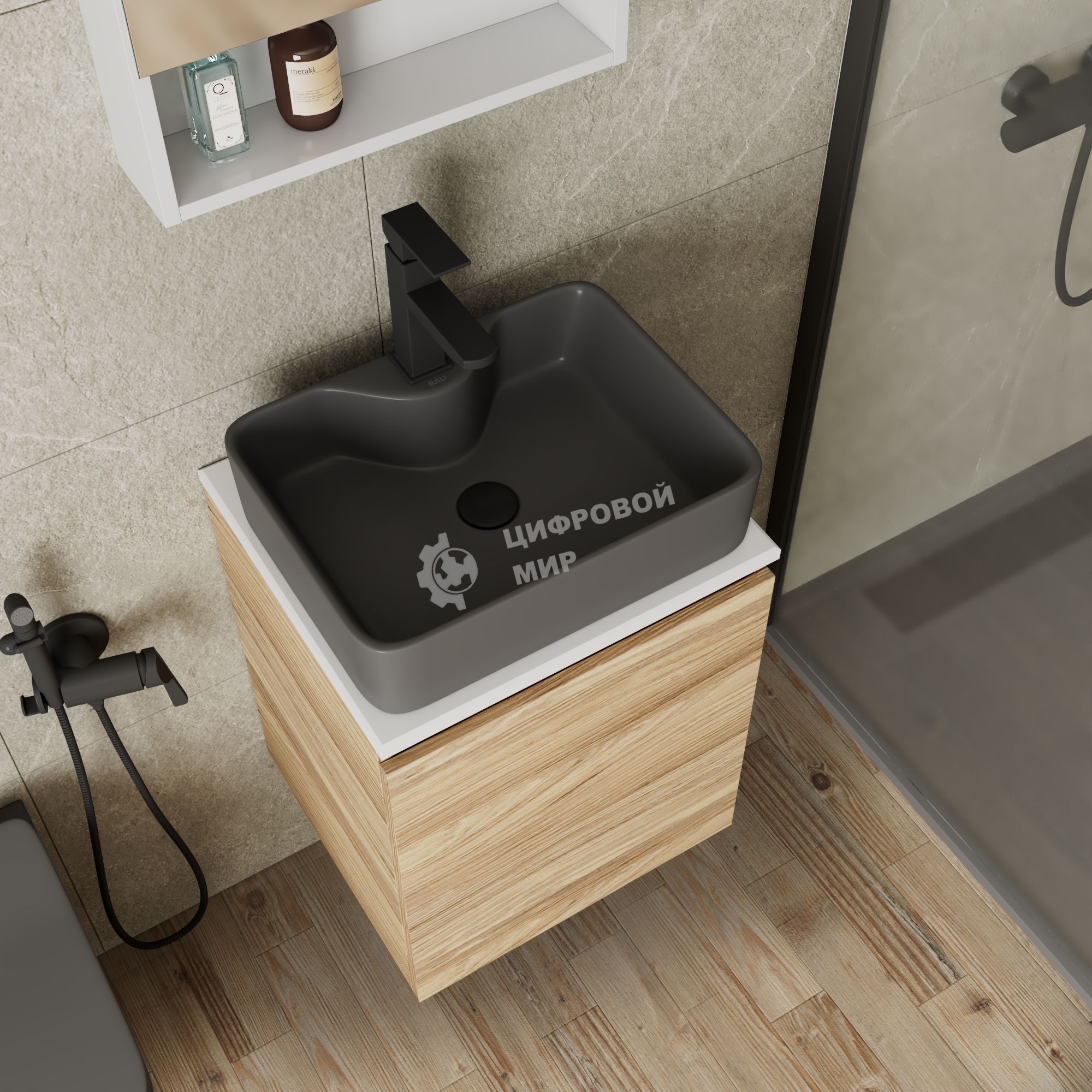 Тумба Bau Dream Blackwood 50 с дверцей, раковина BAU Cerama 48х37 темно-серая матовая, смеситель Hotel Black, черный, выпуск клик клак черный