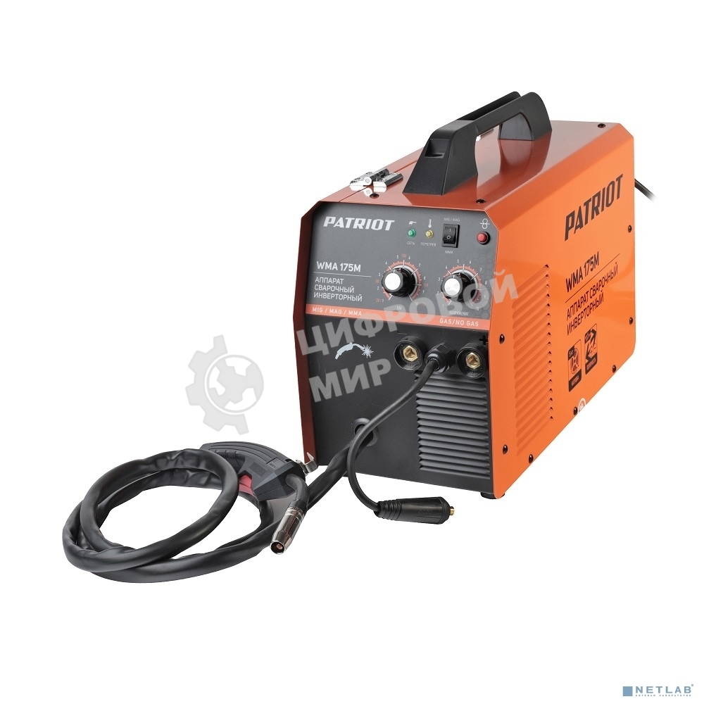 Полуавтомат сварочный инверторный PATRIOT WMA 175M MIG/MAG/MMA, полуавтоматическая сварка в среде газа (MIG/MAG) стальной и флюсовой проволокой 0.6/0.8 мм, сварка электродом (MMA) до 4мм, сварочный ток в режиме MIG: 40-170А; сварочный ток в режиме MMA: 40