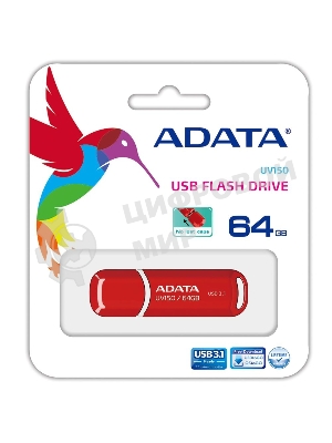 Флешка USB ADATA UV150 (AUV150-64G-RRD), 64Gb, USB 3.0, R/W 100/30, красный