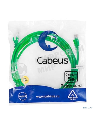 Патч-корд Cabeus, кат. 5е, неэкр., U/UTP, RJ45/RJ45, PVC, AWG24, 3м, зеленый