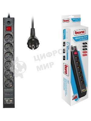 Сетевой фильтр BURO Сетевой фильтр, 6 розеток, 5 метров, (BU-SP5 USB 2A-B) черный 992320