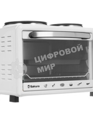 Мини-печь Sakura SA-7001WP 35л, духовка 1600 Вт,, механ.управление, 3 режима работы духовки (верх, низ, верх+низ), таймер на 60 минут, регулировка температуры духовки, комплектация - металлическая решетка, противень, круглая форма для выпечки (230х50 мм), ухват. белый.
