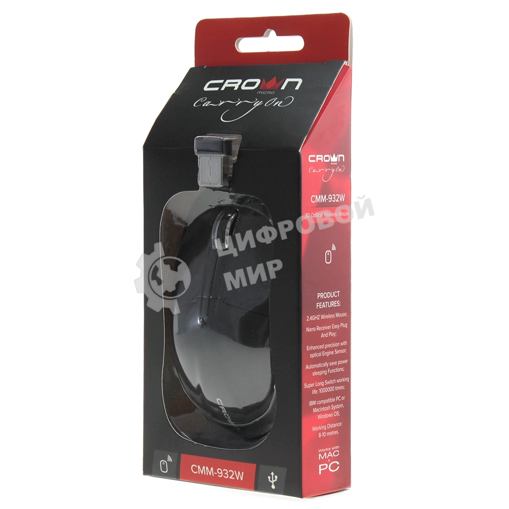 Мышь беспроводная Crown CMM-932W черный, 1000 dpi, радиоканал, USB, кнопки - 3