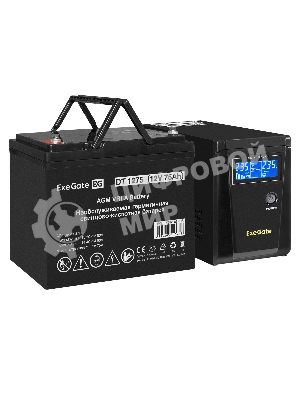 Комплект Источник бесперебойного питания EX295986RUS + батарея 75Aч EX282983RUS 1шт (инвертор, синус, для котла) ExeGate SineTower SZ-600.LCD.AVR.1SH <600VA/360W, чистый синусоида, LCD дисплей, AVR, 1*Schuko, линейно-интерактивный, Black> + батарея ExeGate DT 1275 (12В, 75Ач) 1шт