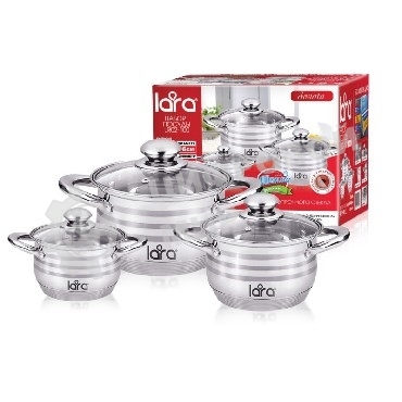 Набор посуды Lara LR02-100 Sonata 6пр. LR02-100 Набор посуды Lara Sonata, 6 пр., (кастр. 2.1 л + 3.9 л + 6.5 л) стеклян. крышки