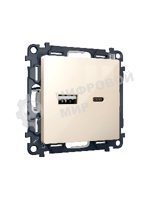 Комплект механизма розетки ALFA Бежевый глянец 2USB A+C 20W (быстрая зарядка) QUANT (AP3110, VM177) MA311010