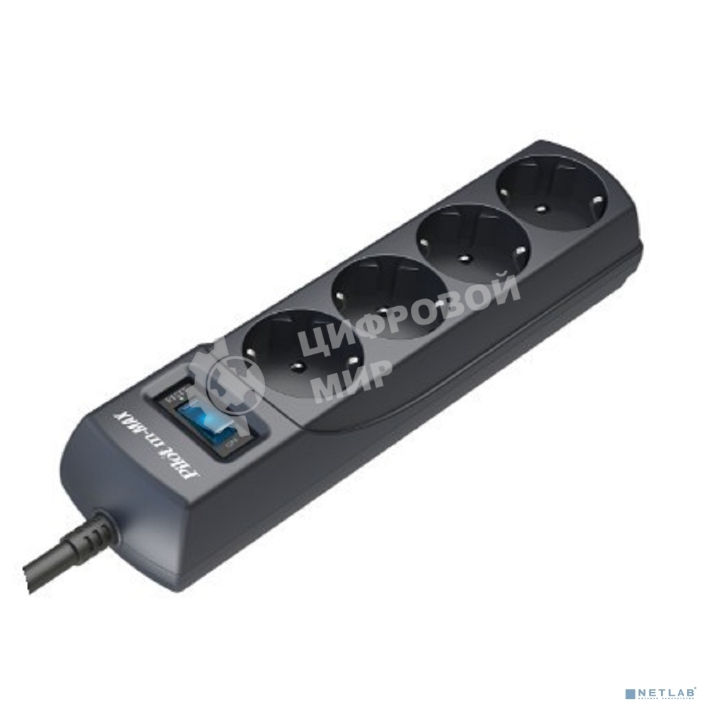 Сетевой фильтр ZIS (Pilot) m Max 4 розетки (евро с заземлением), 15А/3.3 кВа, автомат, 1.8 м, серый графит Surge protector Pilot m Max 4 euro outlets, 15А/3.3кВа, 1.8m