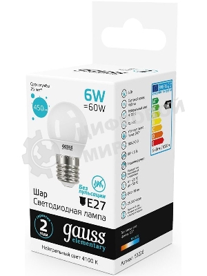 Лампа светодиодная Gauss Elementary 6Вт цок.: E27 шар 220B 4100K св. свеч. белый. ней. (упак.: 10 шт)