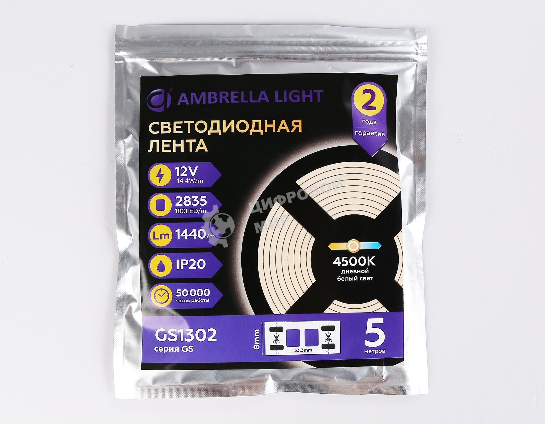 Светодиодная лента Ambrella light GS1312 2835 180Led/ 14.4W m/ 12V IP20 4500K/ 5000*10*1.2mm (2 конт.)
