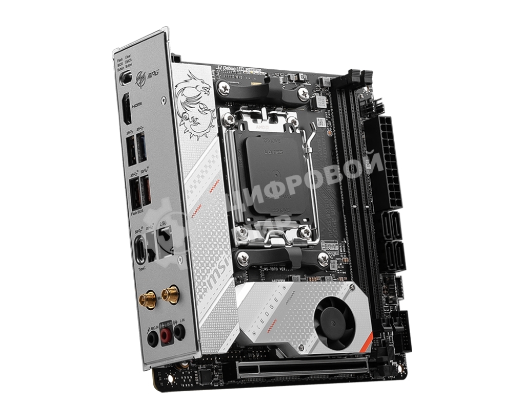 Материнская плата MSI MPG B650I EDGE WIFI, AM5, AMD B650, 2xDDR5, 4xSATA, 2xM.2, 1xPCI-E 4.0 x16, 1xHDMI, 1x 2.5Gb LAN, 3xUSB-A 3.2 Gen 2, 2xUSB-A 3.2 Gen 1, 1xUSB-C 3.2 Gen 2x2, 3x3.5 мм, 7.1, Mini-ITX