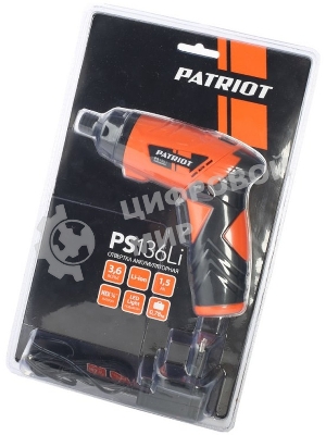 Отвертка аккумуляторная PATRIOT PS 136Li Li-Ion, 3.6 В/1,5 Ач, Реверс, 200 об/мин, 3,5 Нм, патрон: НЕХ 1/4