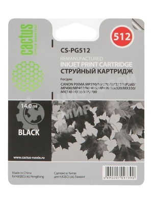 Картридж струйный Cactus CS-PG512 черный (14 мл) для Canon Pixma iP2700/MP240/MP250/MP260/MP270/MP272/MP280/MP480/MP490/MP492/MP495/MX320/MX330/MX340/MX350
