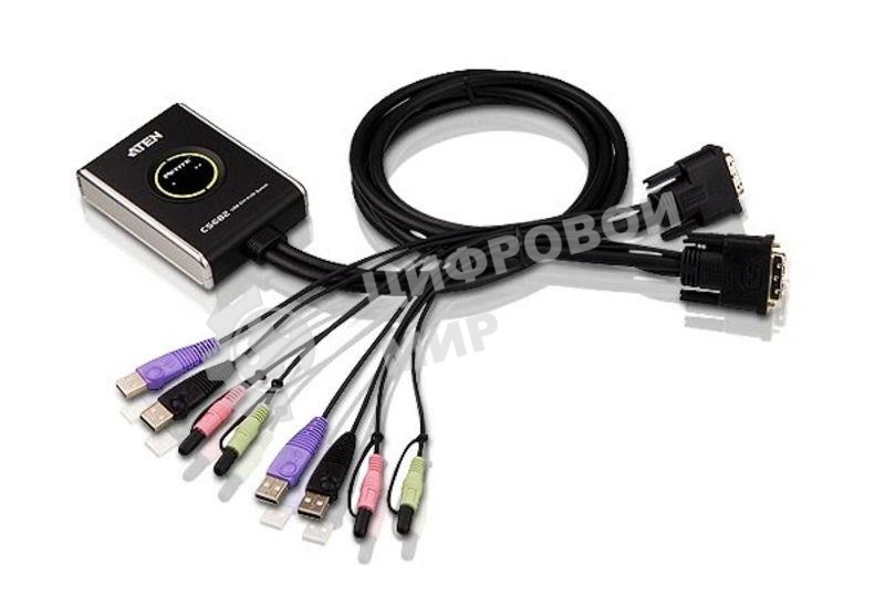 Переключатель KVM ATEN (CS682-AT) KVM+Audio, 1 user USB+DVI-D => 2 cpu USB+DVI-D, со встр.шнурами USB+Audio 2x1.2м., 1920x1200, настол., исп.стандарт.
