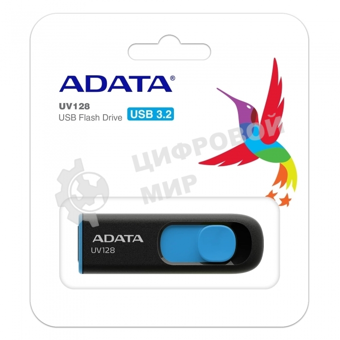 Флешка USB ADATA UV128 (AUV128-64G-RBE), 64Gb, USB 3.0, R/W 100/30, черный/синий