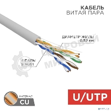 Кабель витая пара Rexant F/UTP, cat.5e, ZH нг(А)-HF, 2х2х0,52 мм, 24AWG, INDOOR, SOLID, серый, 305 м PRO