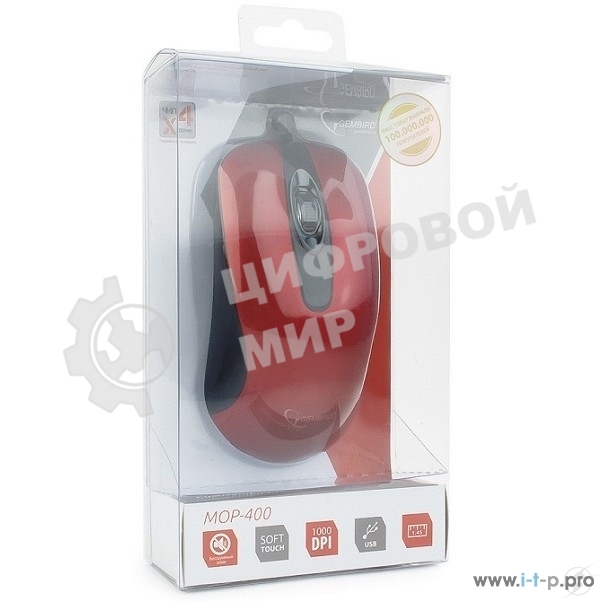 Мышь проводная Gembird MOP-400-R красный, 1000 dpi, USB, кнопки - 3