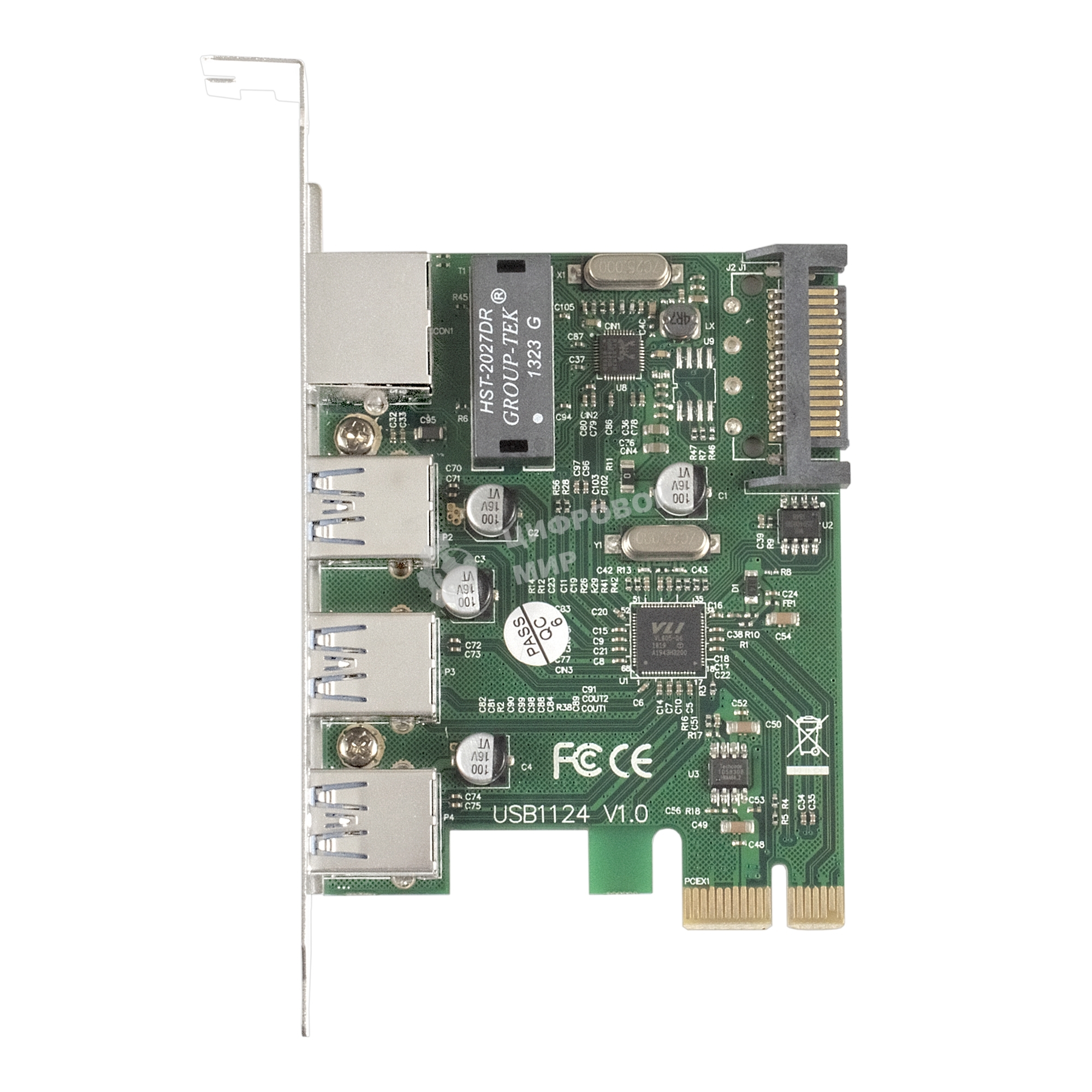 Контроллер сетевой ExeGate EXE-361 PCI-E 2.0, 3*USB 3.0 ext + LAN UTP 1000Mbps, раз.доп.пит.OEM)