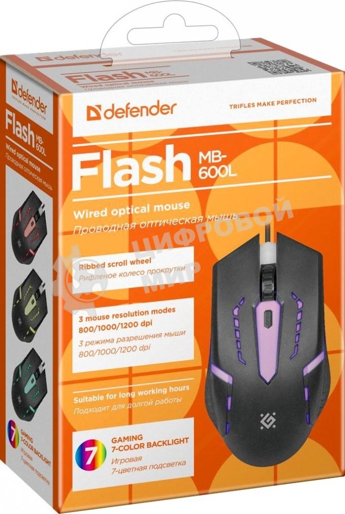 Мышь проводная Defender Flash MB-600L черный, 1200 dpi, USB, кнопки - 4