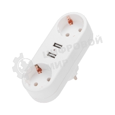 Двойник электрический Rexant линейный 16 А с заземлением + 2 USB-порта, 2,4 А, белый