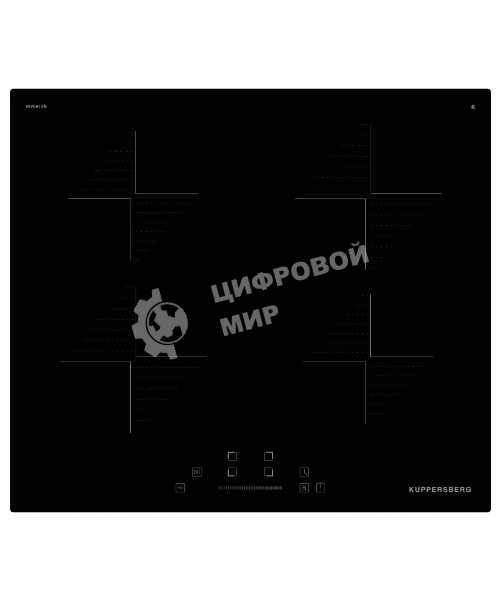 Индукционная варочная панель Kuppersberg ICI 604 60 см, индукция, High-Tech, inverter, прямой край, 9 уровней мощности, бустер, Stop and Go, автоматическое отключение, таймер, индикатор остаточного тепла, сенсорное/слайдерное управление, черный