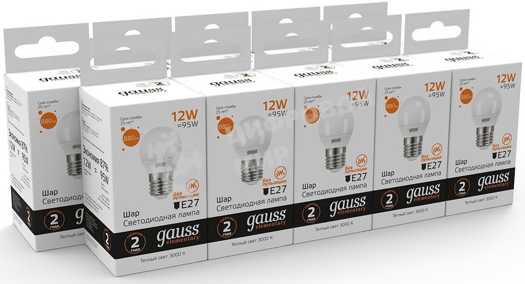 Лампа светодиодная Gauss Elementary 12Вт цок.: E27 шар 220B 3000K св. свеч. бел. теп. (упак.: 10 шт)