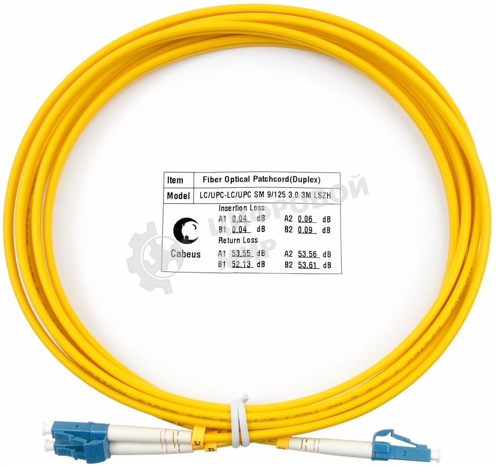 Патч-корд оптический Cabeus Tight Buffer, Duplex LC/LC, OS2 9/125, LSZH, 3м, d= 3мм, синий хвостовик, желтый