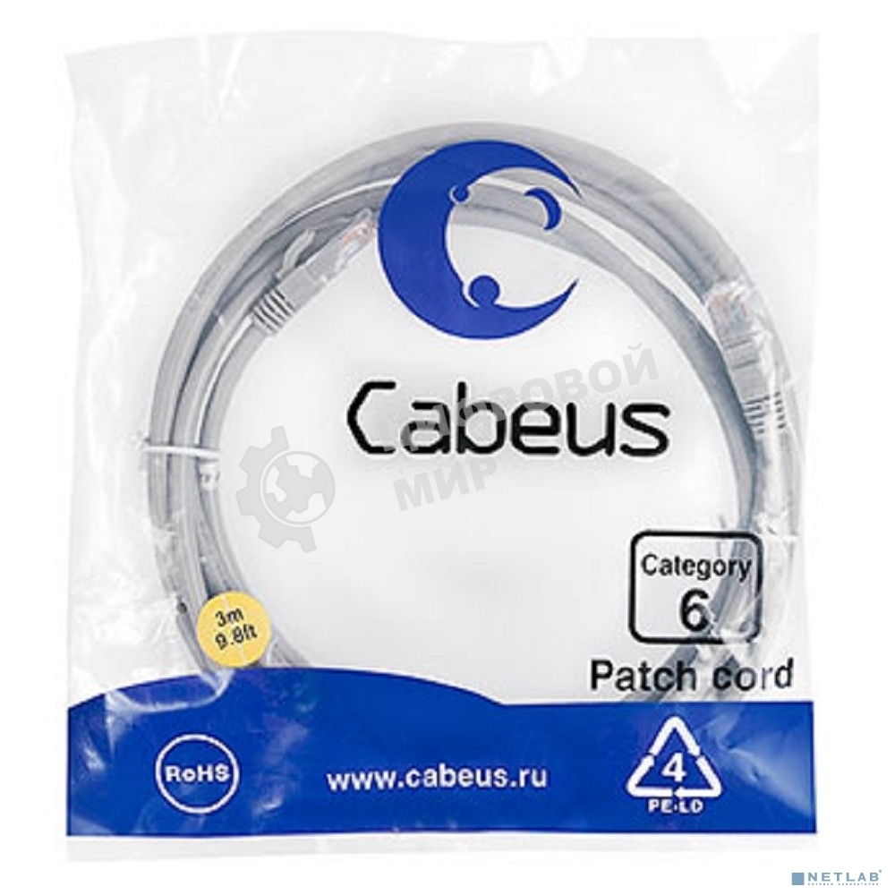 Шнур комм. Cabeus, кат. 6, неэкр., U/UTP, RJ45/RJ45, PVC, AWG24, 3м, серый