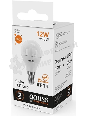 Лампа светодиодная Gauss Elementary 12Вт цок.: E14 шар 220B 3000K св. свеч. бел. теп. (упак.: 10 шт) (53112)