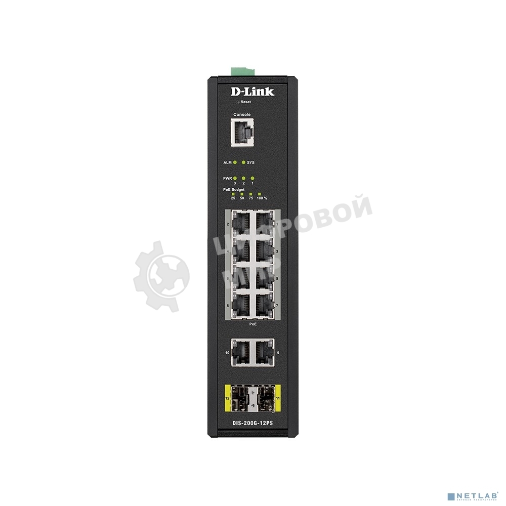 Коммутатор промышленный управляемый D-Link DIS-200G-12PS/A2A 2 уровня с 10 портами 10/100/1000Base-T и 2 портами 1000Base-X SFP (8 портов с поддержкой PoE 802.3af/802.3at (30 Вт), PoE-бюджет до 240Вт)