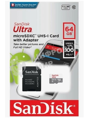 Флеш карта microSD 64GB SanDisk microSDXC Class 10 Ultra (SD адаптер) UHS-I 100MB/s