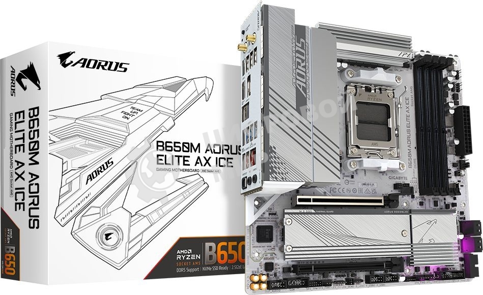Материнская плата GIGABYTE B650M AORUS ELITE AX ICE, AM5, AMD B650, 4xDDR5, 4xSATA, 2xM.2, 1xPCIe 4.0 x16, 1xPCIe 4.0 x4, 1xDP, 1xHDMI, 1x2.5Gb LAN, Wi-Fi 6E, Bluetooth 5.3, S/PDIF, 2xUSB-C 10Gbps, 2xUSB-A 10Gbps, 5xUSB-A 5Gbps, 4xUSB-A 2.0, 2x3.5 мм, 7.1, mATX